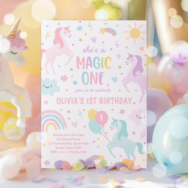 Unicorn Magic One Pastel Rainbow 1st Birthday Invitation (Creator Uploaded)