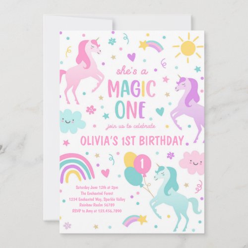 Unicorn Magic One Pastel Rainbow 1st Birthday Invitation