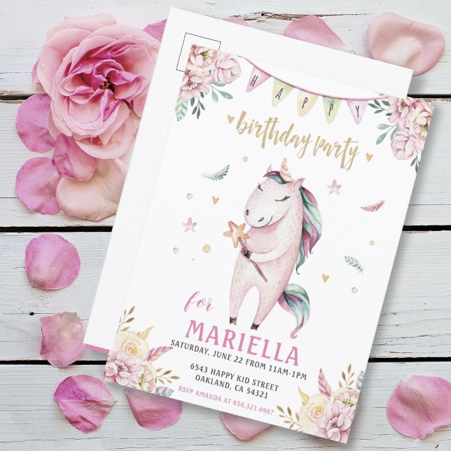 Unicorn Magic Pink Floral Birthday Party Invitatio Invitation Postcard (CUTE GIRLY PINK UNICORN GIRLS BIRTHDAY PARTY INVITATION POSTCARD
)