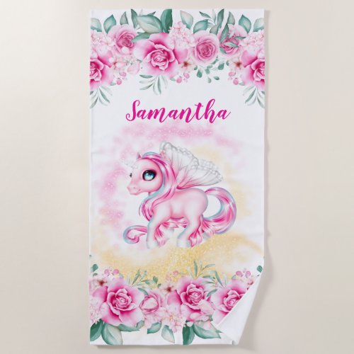 Unicorn magic pink roses DIY girls name pretty Beach Towel