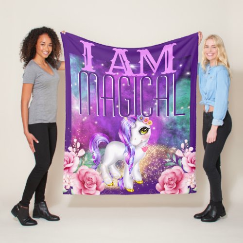 Unicorn magic purple sayings cute mythical rose fleece blanket