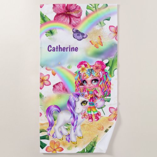 Unicorn magic rainbow girl enchanted garden floral beach towel