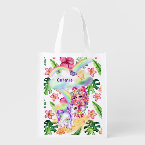 Unicorn magic rainbow girl enchanted garden floral grocery bag