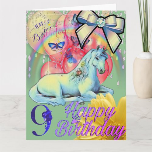 Unicorn Magic Sparkle green 9 girly  birthday Card