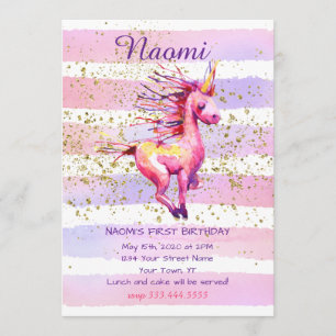 Unicorn Magic Watercolor Girl First Birthday Invitation