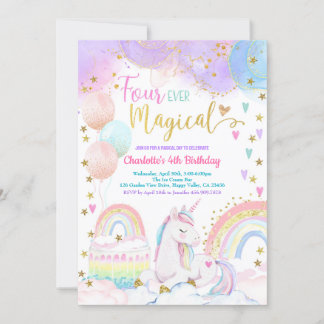 Unicorn Magical 4th Birthday Party Pastel Rainbow Invitation