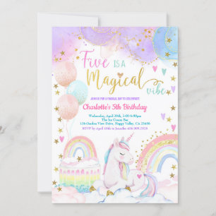 Unicorn Magical 5th Birthday Party Pastel Rainbow Invitation