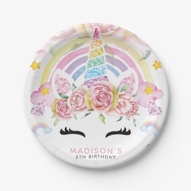 Unicorn Magical Birthday Floral Paper Plates (Front)