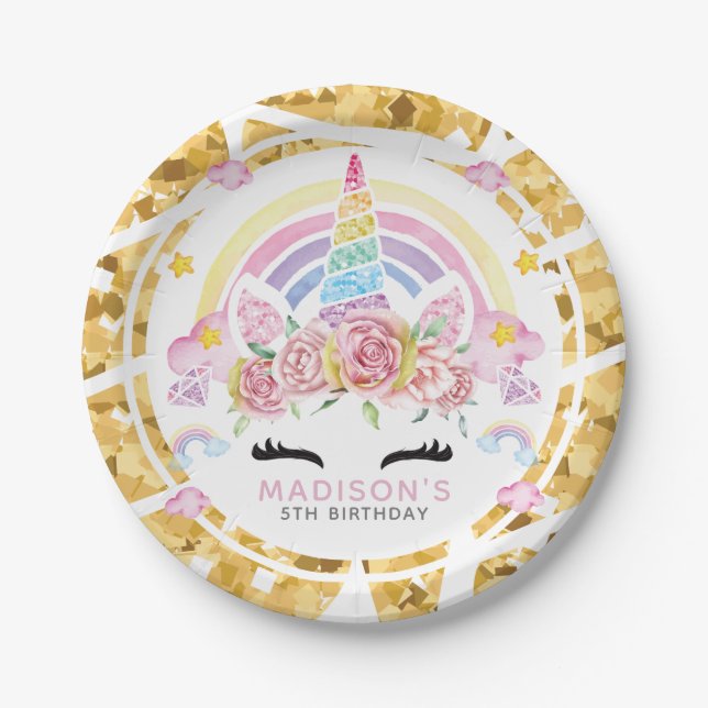 Unicorn Magical Birthday Gold Paper Plates (Front)