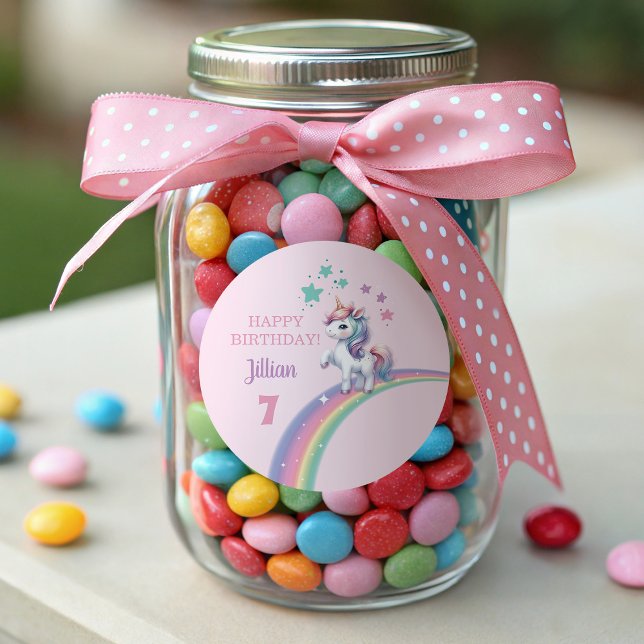 Unicorn Magical Birthday Party  Classic Round Sticker (Multi Use Colorful Round Happy Birthday Magical Unicorn Sticker)