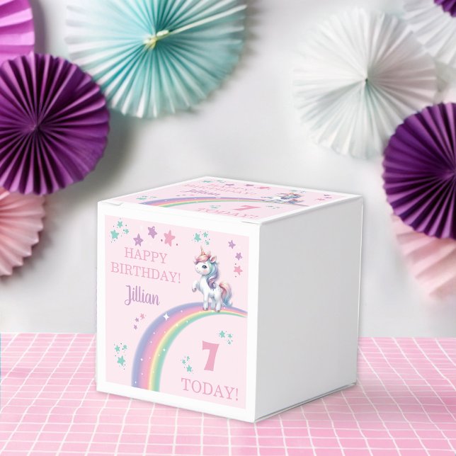 Unicorn Magical Birthday Party  Favor Boxes (Colorful magical unicorn with rainbow birthday party favor box *background of mockup  ai generated)