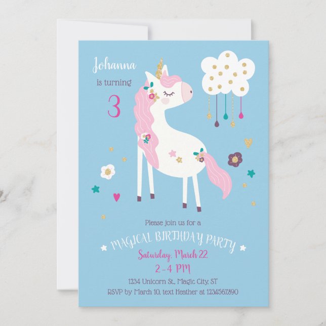 Unicorn Magical Birthday Party Invitation (Front)