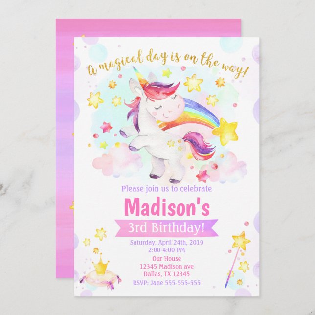 Unicorn Magical Birthday Party Invitation (Front/Back)