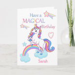 Unicorn Magical Birthday Pink Card<br><div class="desc">A cute and sweet magical unicorn birthday card design featuring a colorful unicorn standing on a cloud and Rainbow with a background of shooting stars and hearts.The card has the wording - Have a Magical Birthday in a colorful font . A sweet, cute and magical design for a little girl...</div>