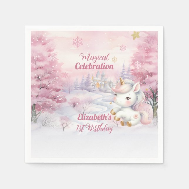 Unicorn Magical Celebration 1st Birthday Party Napkins (Front)