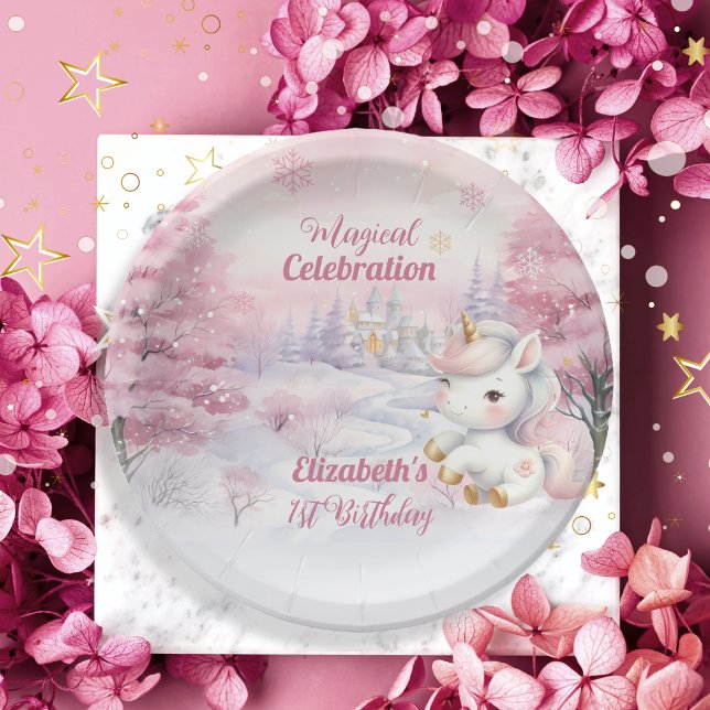 Unicorn Magical Celebration 1st Birthday Party Paper Plates (Unicorn Pink Magical Celebration Mythical Creature Girl's 1st Birthday Party Paper Plates)