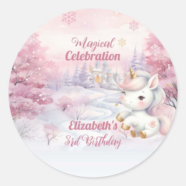 Unicorn Magical Celebration 3rd Birthday Party Classic Round Sticker (Front)