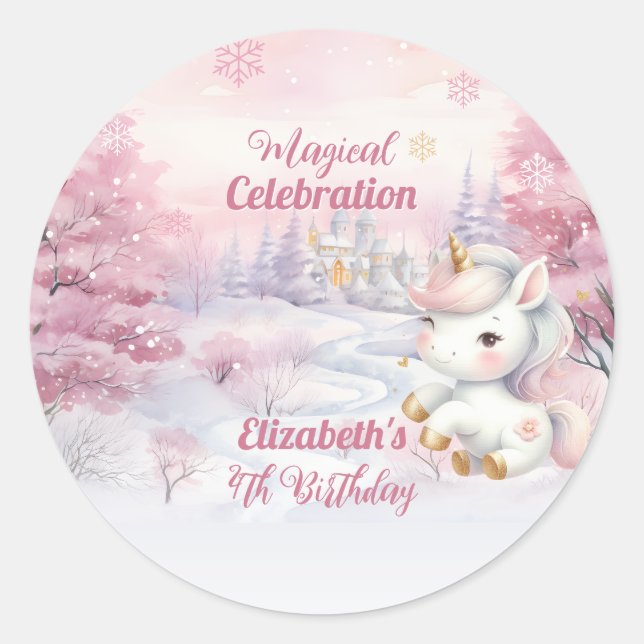 Unicorn Magical Celebration 4th Birthday Party Classic Round Sticker (Front)