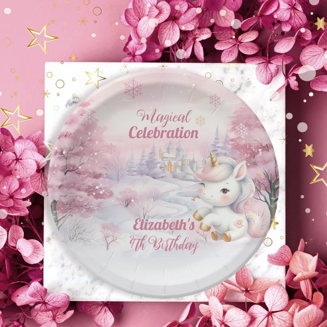 Unicorn Magical Celebration 4th Birthday Party Paper Plates (Unicorn Pink Magical Celebration Mythical Creature Girl's 4th Birthday Party Paper Plates)