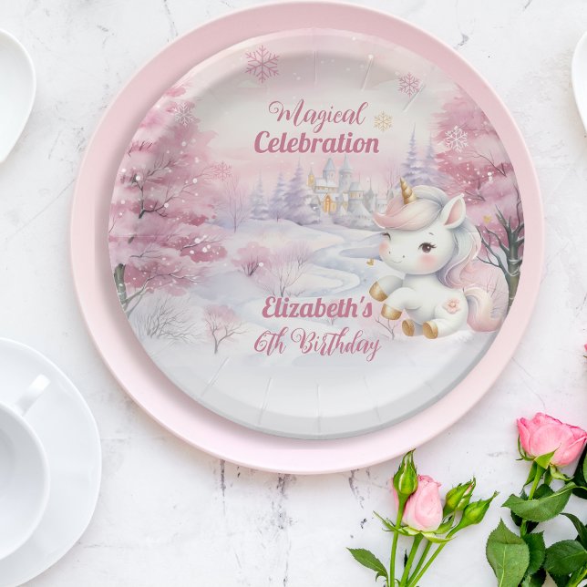 Unicorn Magical Celebration 6th Birthday Party Paper Plates (Unicorn Pink Magical Celebration Mythical Creature Girl's 6th Birthday Party Paper Plates)