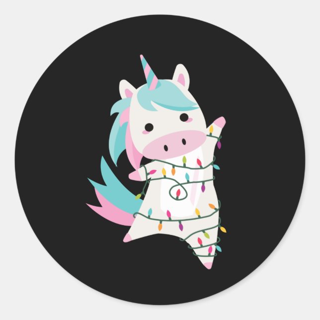 Unicorn Magical Christmas Fairy Lights Sweet Pink Classic Round Sticker (Front)