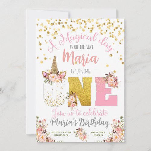 Unicorn Magical day 1st Birthday Invitation 