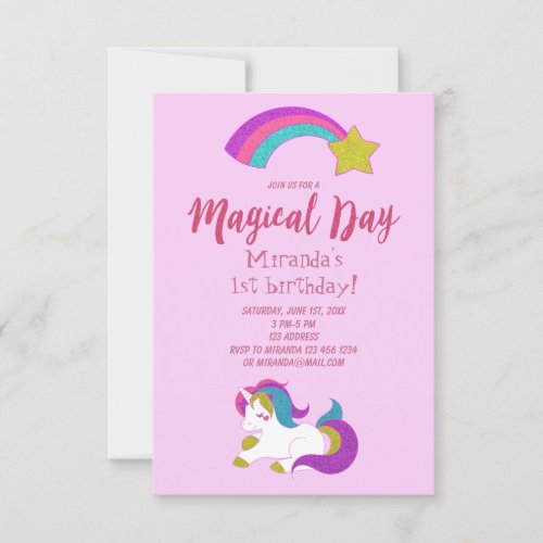 Unicorn magical day birthday party invitation