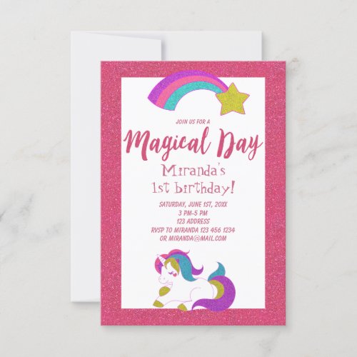 Unicorn magical day birthday party invitation pink