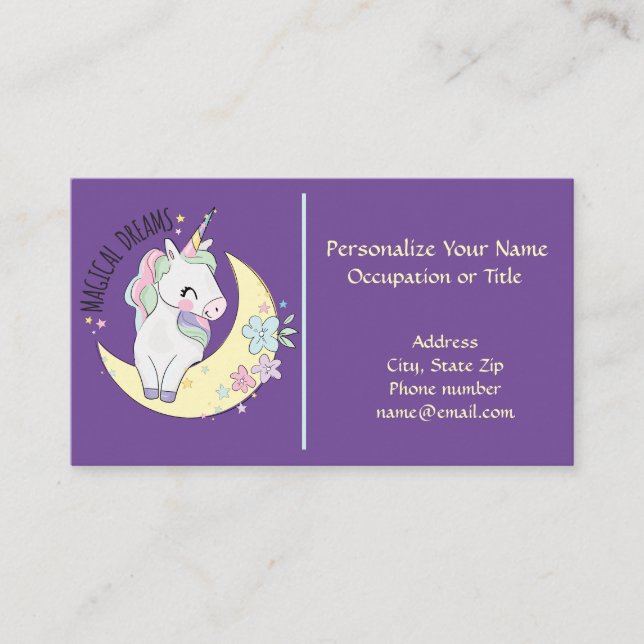 Unicorn Magical Dreams Cute Baby Pegasus Horse Business Card (Front)