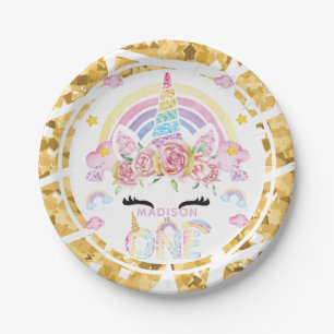 Unicorn Magical First Birthday Gold Paper Plates