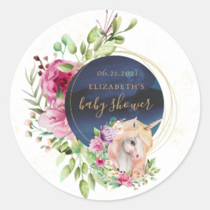 unicorn magical floral baby shower classic round sticker