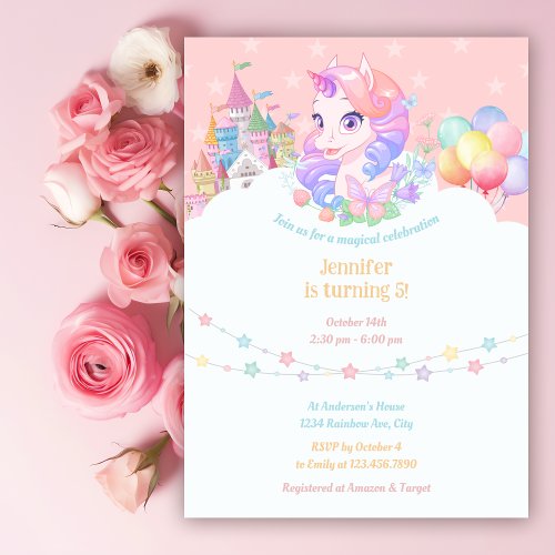 Unicorn Magical Girl Birthday Party Invitation
