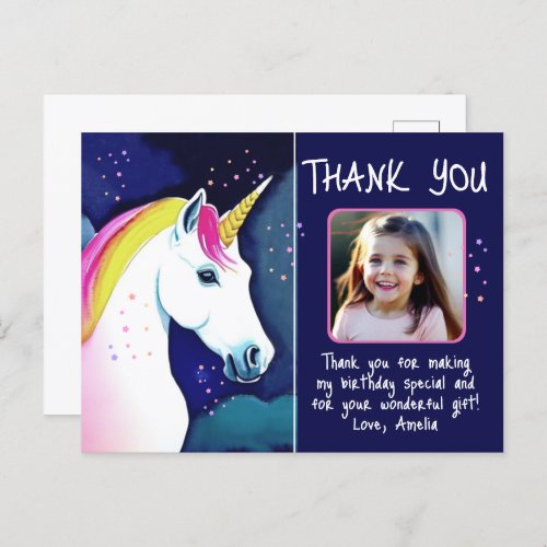 Unicorn Magical Girl Photo Birthday Thank you Postcard