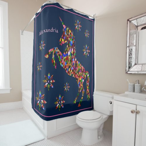  Unicorn Magical Glitter Shiny Blue Personalize Shower Curtain