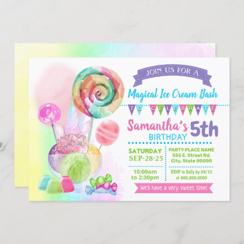 Unicorn magical ice cream birthday party pastel invitation