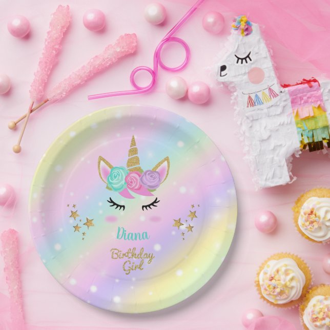 Unicorn Magical Party Girl with name Paper Plates (Party)