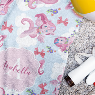 Unicorn Magical Pink Girly Rainbow Monogram Beach Towel