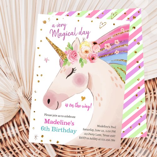 Unicorn Magical Pink Gold Rainbow Girl Birthday Invitation