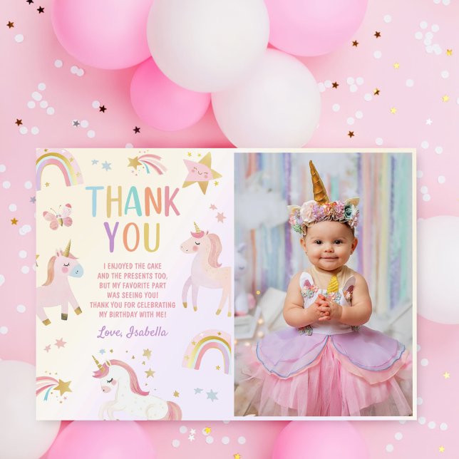 Unicorn Magical Rainbow Birthday Photo Thank You Card (Creator Uploaded)