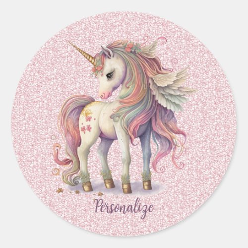 Unicorn Magical Rainbow Colors Pink Glitter Classic Round Sticker