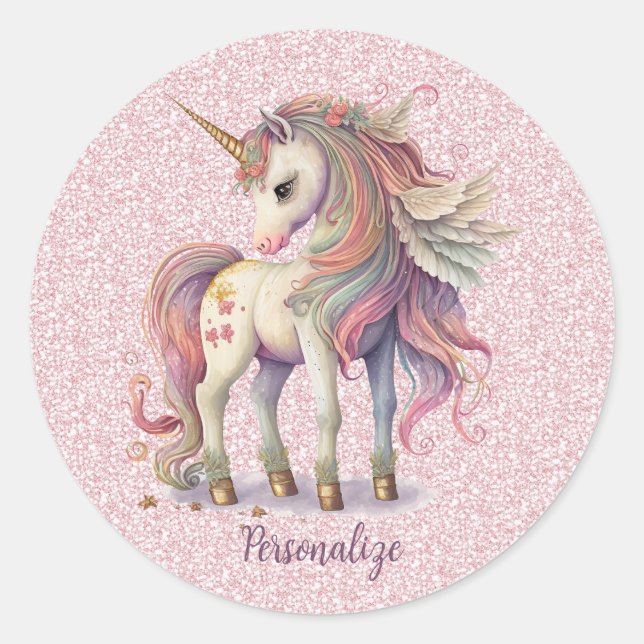 Unicorn Magical Rainbow Colors Pink Glitter Classic Round Sticker (Front)