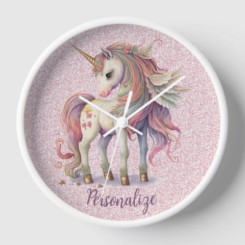 Unicorn Magical Rainbow Colors Pink Glitter Clock