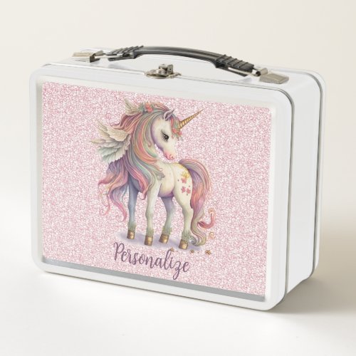 Unicorn Magical Rainbow Colors Pink Glitter Metal Lunch Box