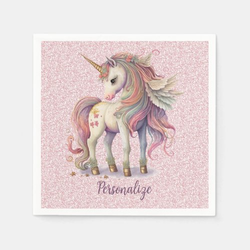 Unicorn Magical Rainbow Colors Pink Glitter Napkins