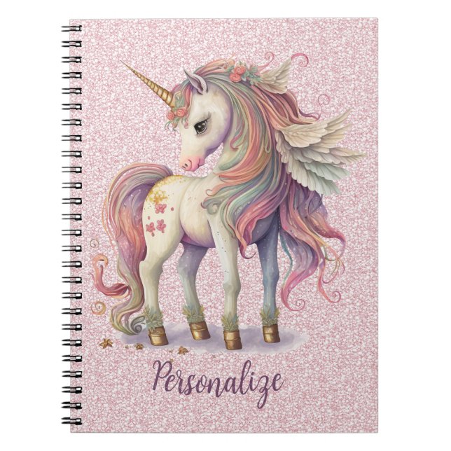 Unicorn Magical Rainbow Colors Pink Glitter Notebook (Front)