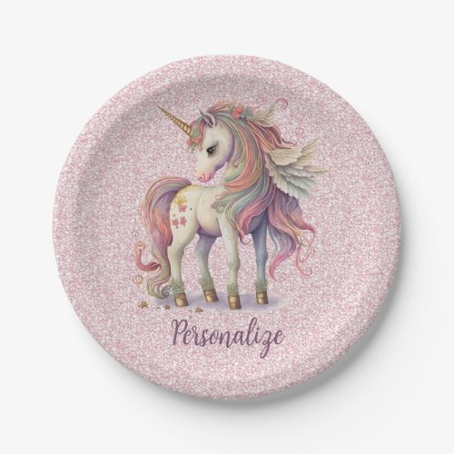 Unicorn Magical Rainbow Colors Pink Glitter Paper Plates