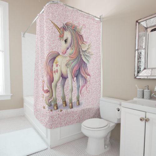 Unicorn Magical Rainbow Colors Pink Glitter Shower Curtain