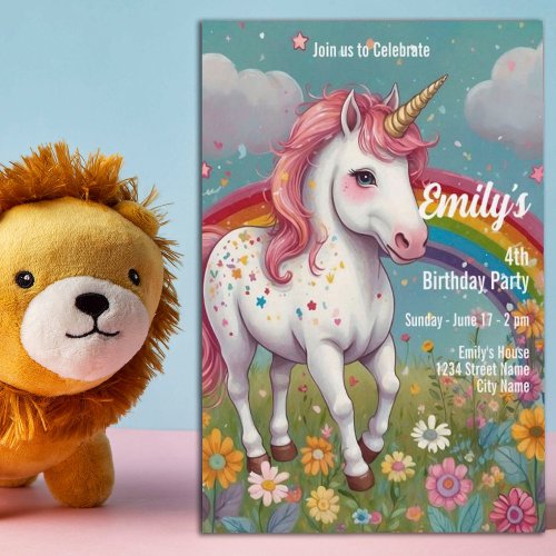 Unicorn Magical Rainbow Fantasy 4th Birthday Party Invitation