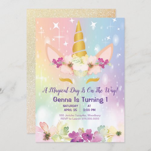 Unicorn Magical Rainbow Faux Gold 1st Birthday Invitation