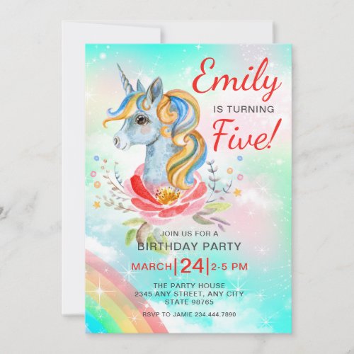 Unicorn Magical Rainbow Fifth Birthday Party Invit Invitation